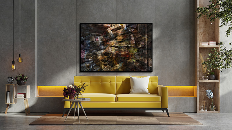 Yellow sofa and a wooden table in living room interior with plan
